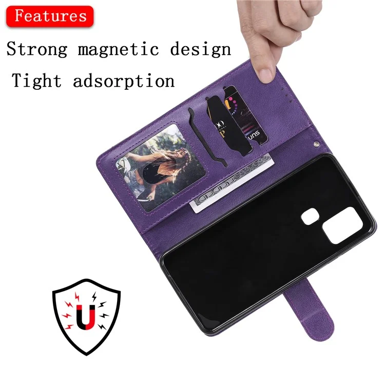 For Samsung Galaxy A21s Case 2 in 1 Detachable Magnetic Leather Wallet Mobile Cover with Strap - Purple
