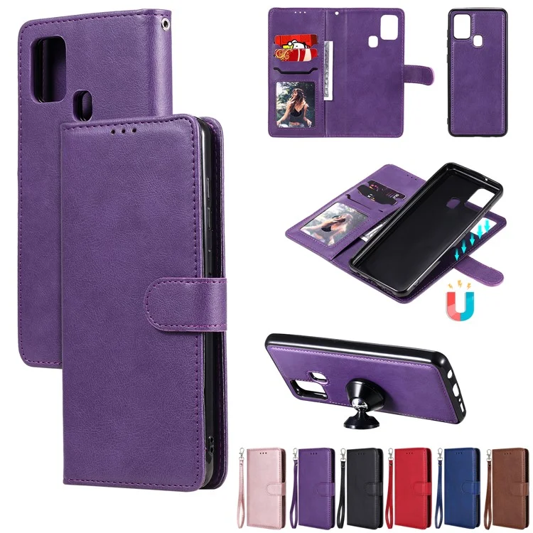 For Samsung Galaxy A21s Case 2 in 1 Detachable Magnetic Leather Wallet Mobile Cover with Strap - Purple