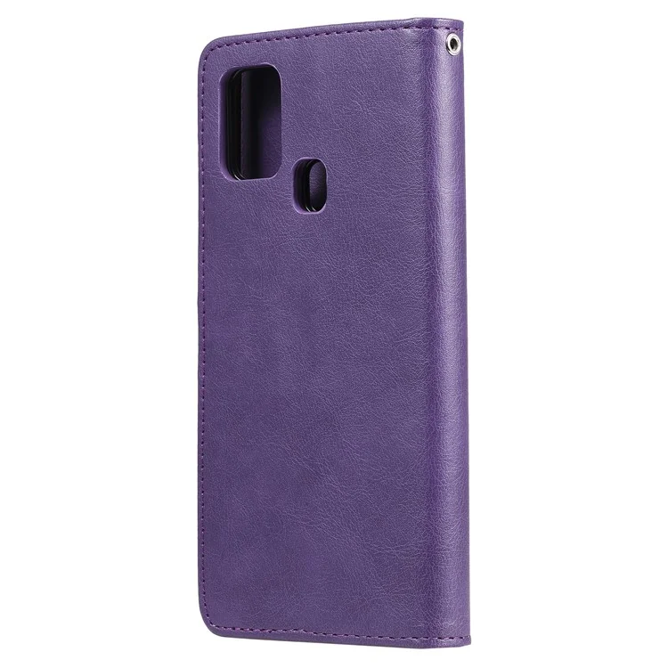 For Samsung Galaxy A21s Case 2 in 1 Detachable Magnetic Leather Wallet Mobile Cover with Strap - Purple