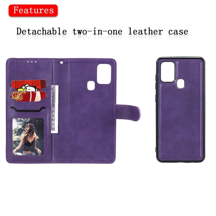 For Samsung Galaxy A21s Case 2 in 1 Detachable Magnetic Leather Wallet Mobile Cover with Strap - Purple