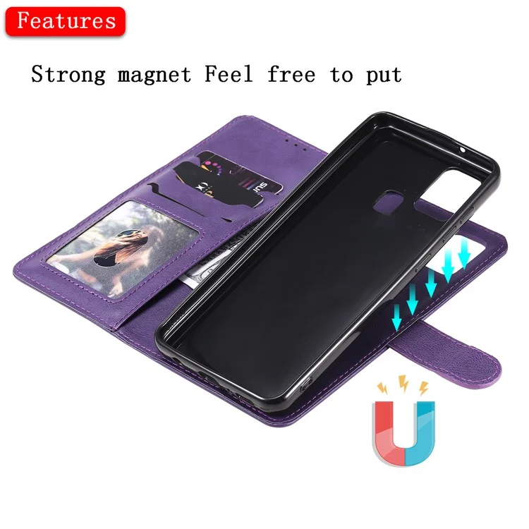 For Samsung Galaxy A21s Case 2 in 1 Detachable Magnetic Leather Wallet Mobile Cover with Strap - Purple