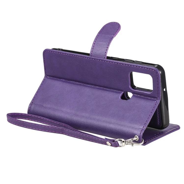 For Samsung Galaxy A21s Case 2 in 1 Detachable Magnetic Leather Wallet Mobile Cover with Strap - Purple