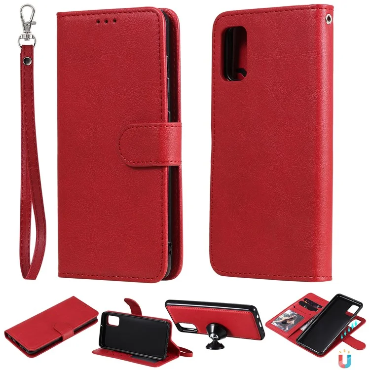 For Samsung Galaxy A41 (Global) Case 2 in 1 Detachable Magnetic Leather Wallet Mobile Cover with Strap - Red