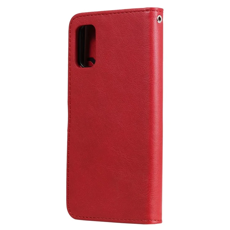 For Samsung Galaxy A41 (Global) Case 2 in 1 Detachable Magnetic Leather Wallet Mobile Cover with Strap - Red