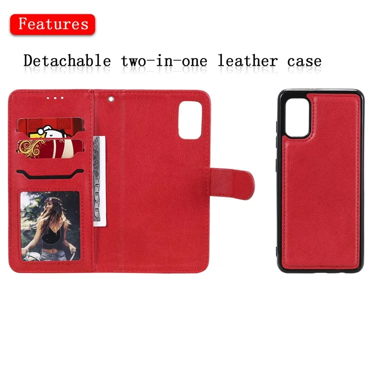 For Samsung Galaxy A41 (Global) Case 2 in 1 Detachable Magnetic Leather Wallet Mobile Cover with Strap - Red