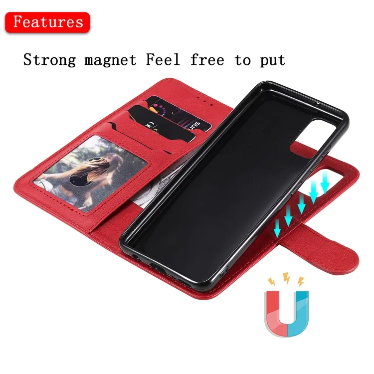 For Samsung Galaxy A41 (Global) Case 2 in 1 Detachable Magnetic Leather Wallet Mobile Cover with Strap - Red