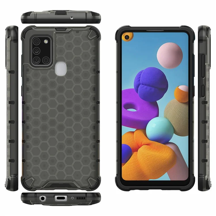Honeycomb Pattern Shockproof TPU + PC Hybrid Cover for Samsung Galaxy A21s - Black