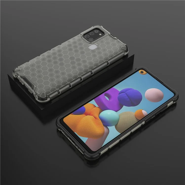 Honeycomb Pattern Shockproof TPU + PC Hybrid Cover for Samsung Galaxy A21s - Black