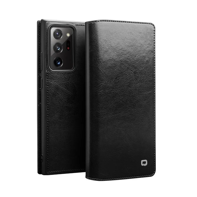 QIALINO For Samsung Galaxy Note20 Ultra 5G/Note20 Ultra Genuine Cowhide Leather Case Wallet Phone Protective Cover - Black