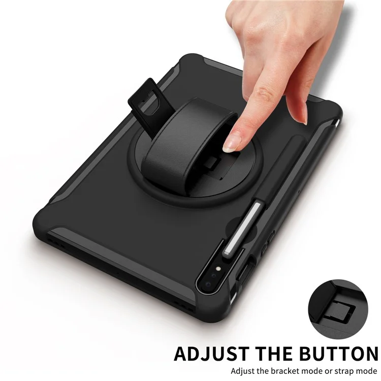 For Samsung Galaxy Tab S7 T870 T875 / S8 360° Swivel Kickstand PC + TPU Tablet Case with Pen Slot and Hand Strap - Black