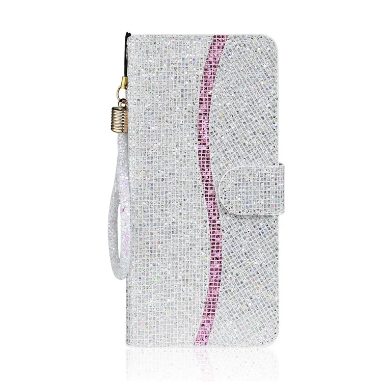 Glittery Powder Splicing Wallet Stand Leather Shell for Samsung Galaxy Note20 4G/5G - Silver