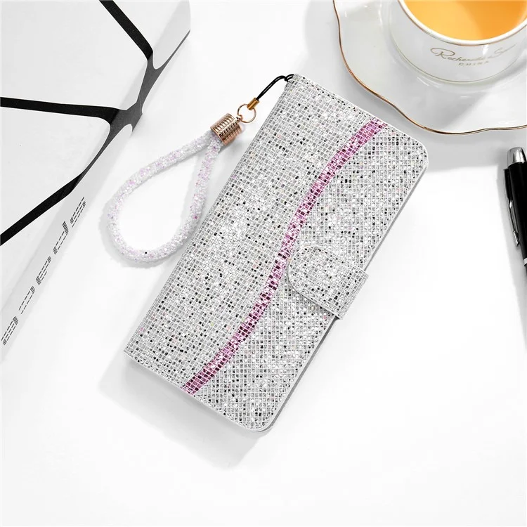 Glittery Powder Splicing Wallet Stand Leather Shell for Samsung Galaxy Note20 4G/5G - Silver