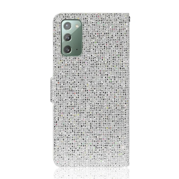 Блестящая пудра Сплиттинг бумажник Подставка Кожаный корпус для Samsung Galaxy Note20 4G/5G - Серебряный