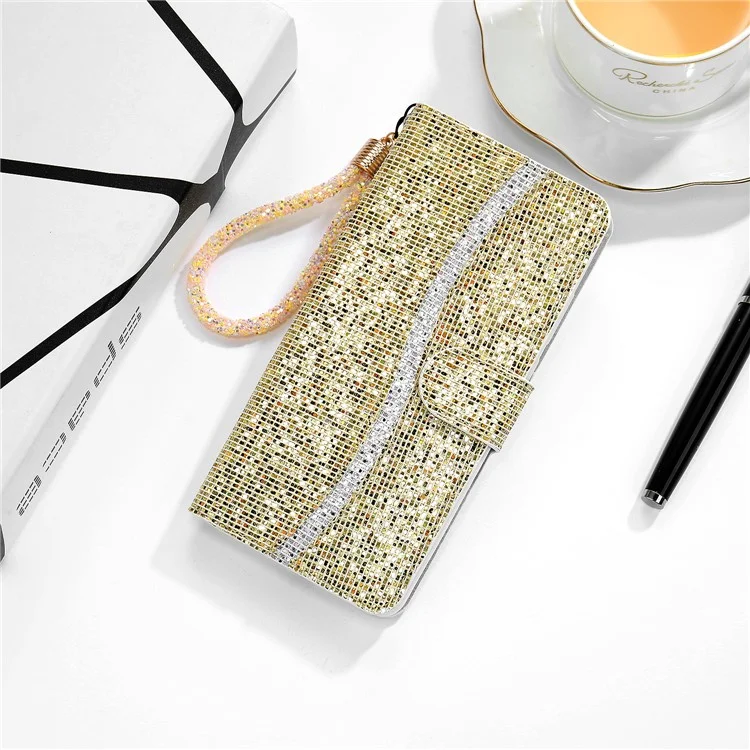 Glitzernde Pulverspleißen Brieftasche Lederschale Für Samsung Galaxy Note20 4G/5G - Gold