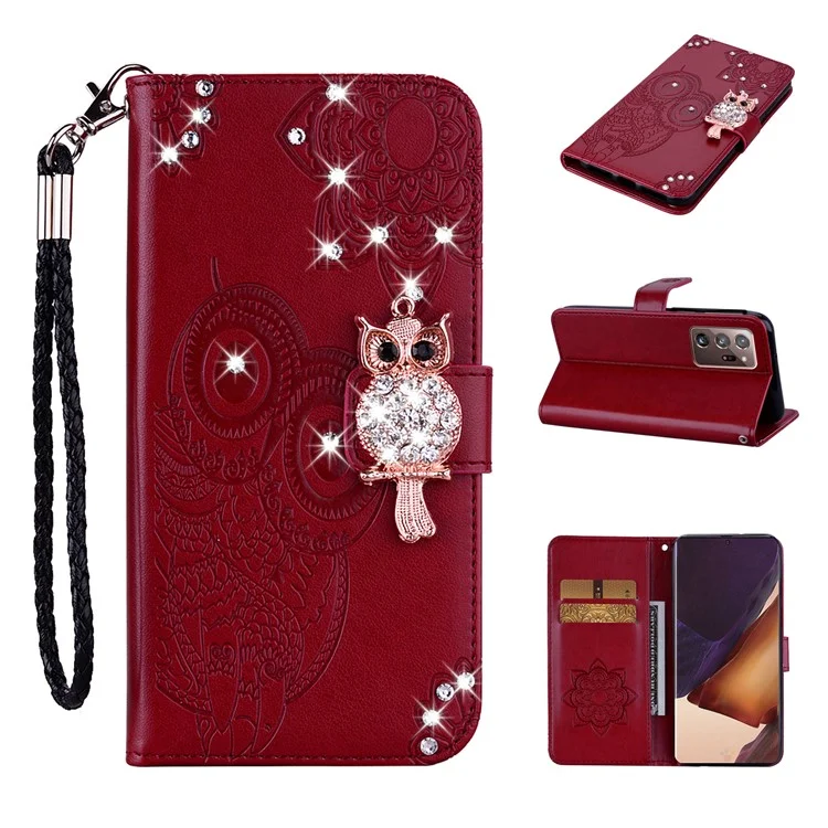 Strass Decor Imprint Owl Flower Stand Shell Para Samsung Galaxy Note20 Ultra 5G / Galaxy Note20 Ultra. - Vermelho