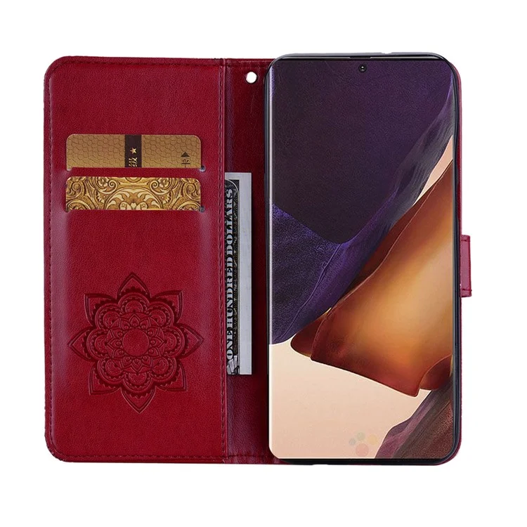 Strass Decor Imprint Owl Flower Stand Shell Para Samsung Galaxy Note20 Ultra 5G / Galaxy Note20 Ultra. - Vermelho