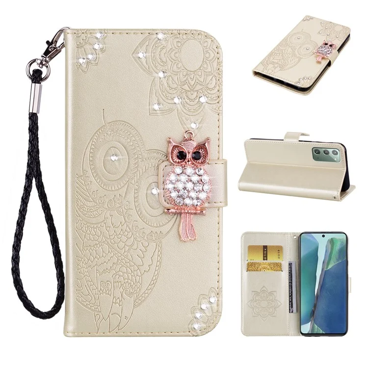 Strassping Decor Impressão Owl Flower Stand Stand Stand Para Samsung Galaxy Note20 4G/5G - Ouro