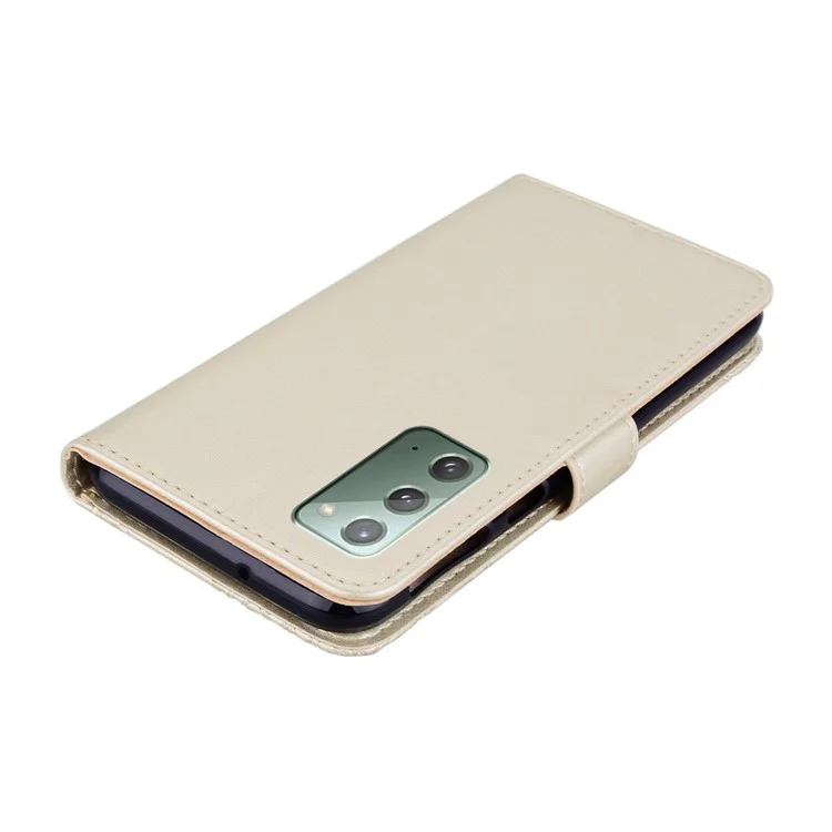 Rhinestone Decor Imprint Owl Flower Leather Wallet Stand Case for Samsung Galaxy Note20 4G/5G - Gold