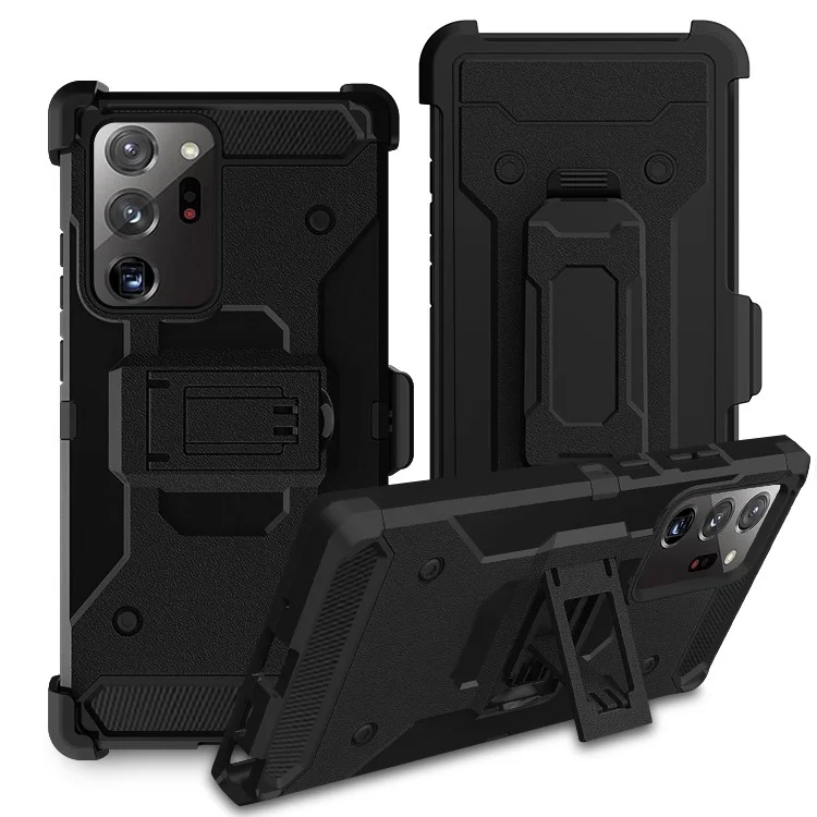 Para Samsung Galaxy Note20 Ultra/Note20 Ultra 5G Kickstand PC+TPU Hybrid Case Carbon Fiber Texture Belt Clip Holster Cover