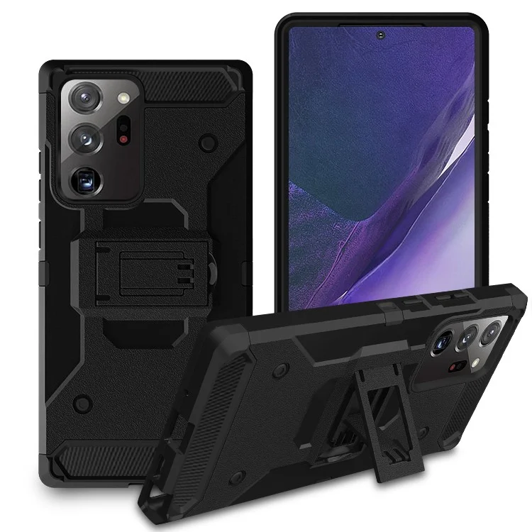 Para Samsung Galaxy Note20 Ultra/Note20 Ultra 5G Kickstand PC+TPU Hybrid Case Carbon Fiber Texture Belt Clip Holster Cover