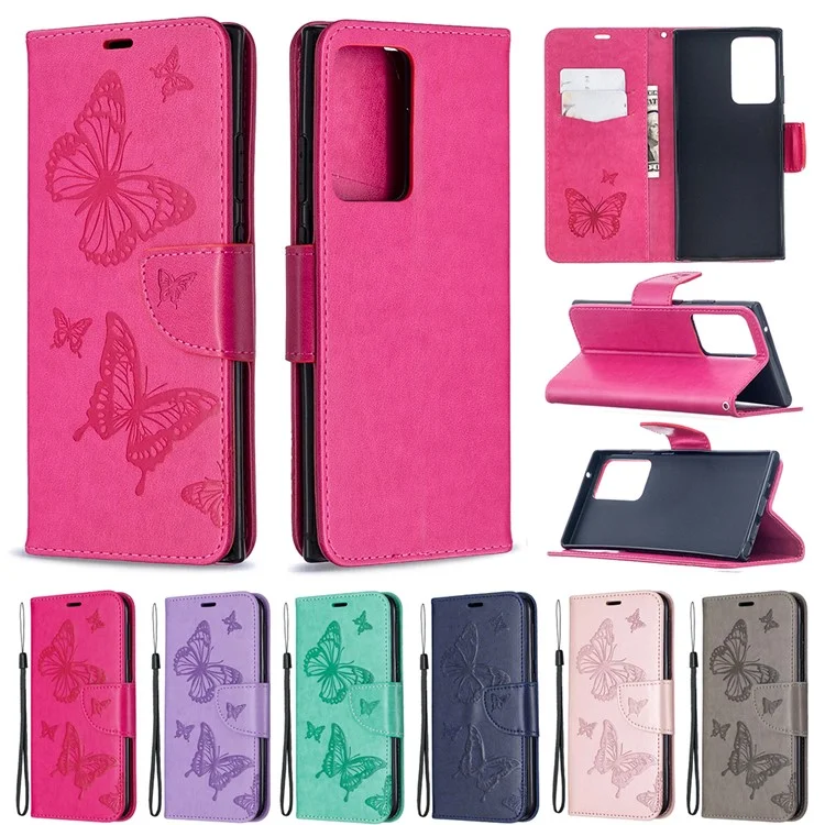 Imprint Butterflies Wallet Stand Flip Leather Phone Shell for Samsung Galaxy Note20 Ultra/Note20 Ultra 5G - Rose