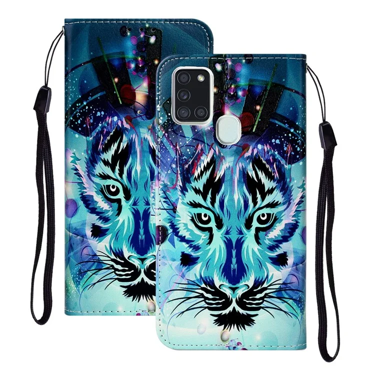 Embossed Patterned Wallet Flip Leather Case with Strap for Samsung Galaxy A21s - Tiger Face