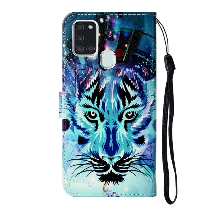 Embossed Patterned Wallet Flip Leather Case with Strap for Samsung Galaxy A21s - Tiger Face