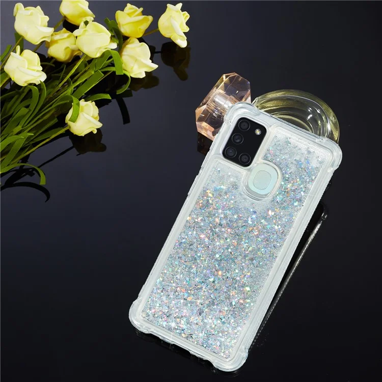 Pure Color Glitter Powder Quicksand Style TPU-Hülle für Samsung Galaxy A21s - Silber