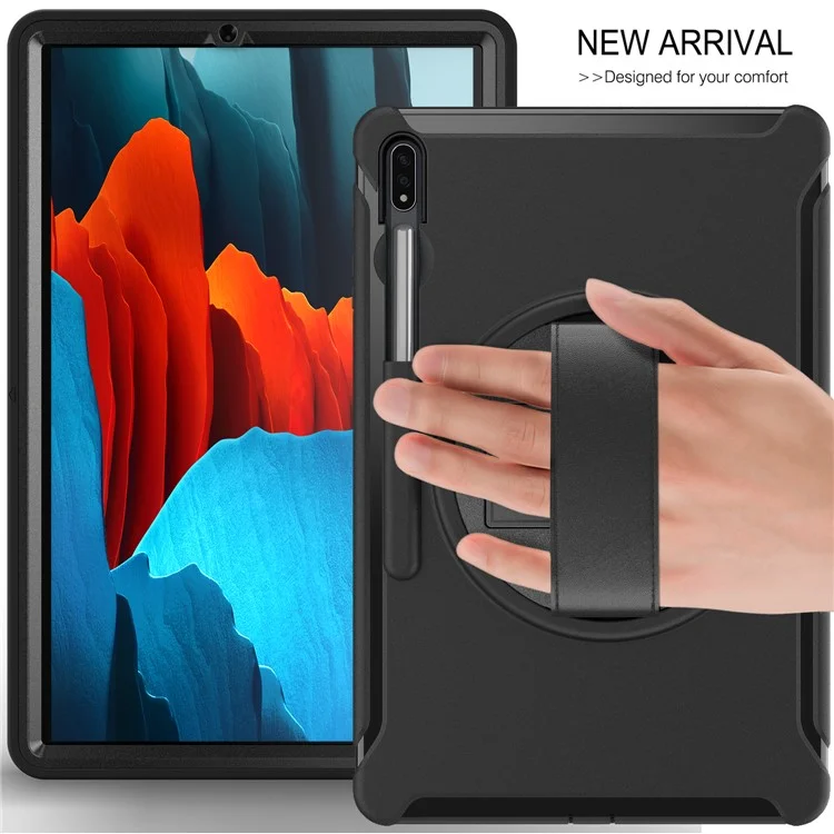 Para Samsung Galaxy Tab S7+ / S8+ Funda de tablet PC + TPU con soporte giratorio de 360° y ranura para lápiz y correa de mano - Negro