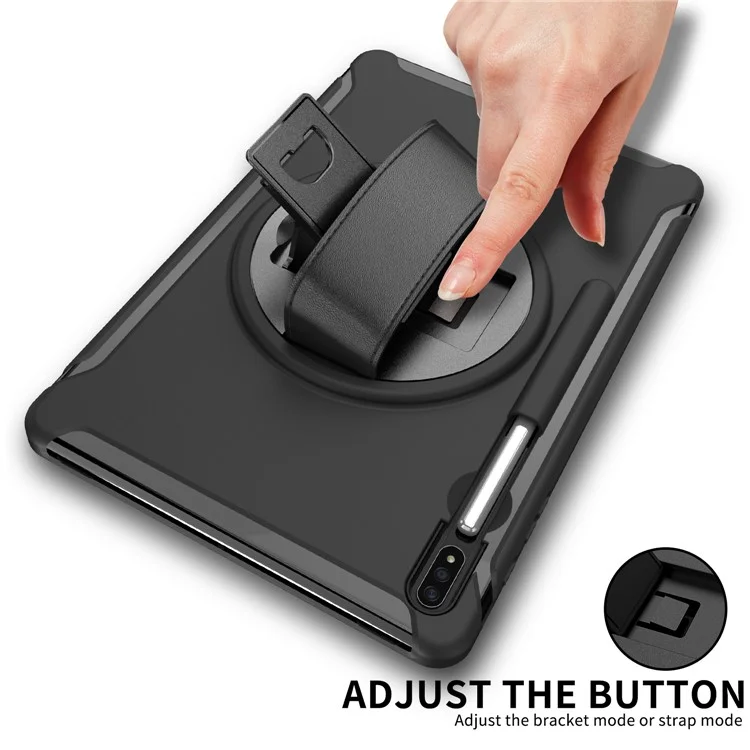 Para Samsung Galaxy Tab S7+ / S8+ Funda de tablet PC + TPU con soporte giratorio de 360° y ranura para lápiz y correa de mano - Negro