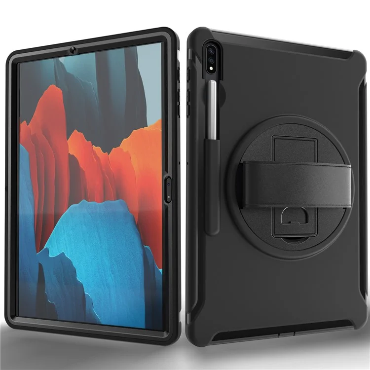 Para Samsung Galaxy Tab S7+ / S8+ Funda de tablet PC + TPU con soporte giratorio de 360° y ranura para lápiz y correa de mano - Negro