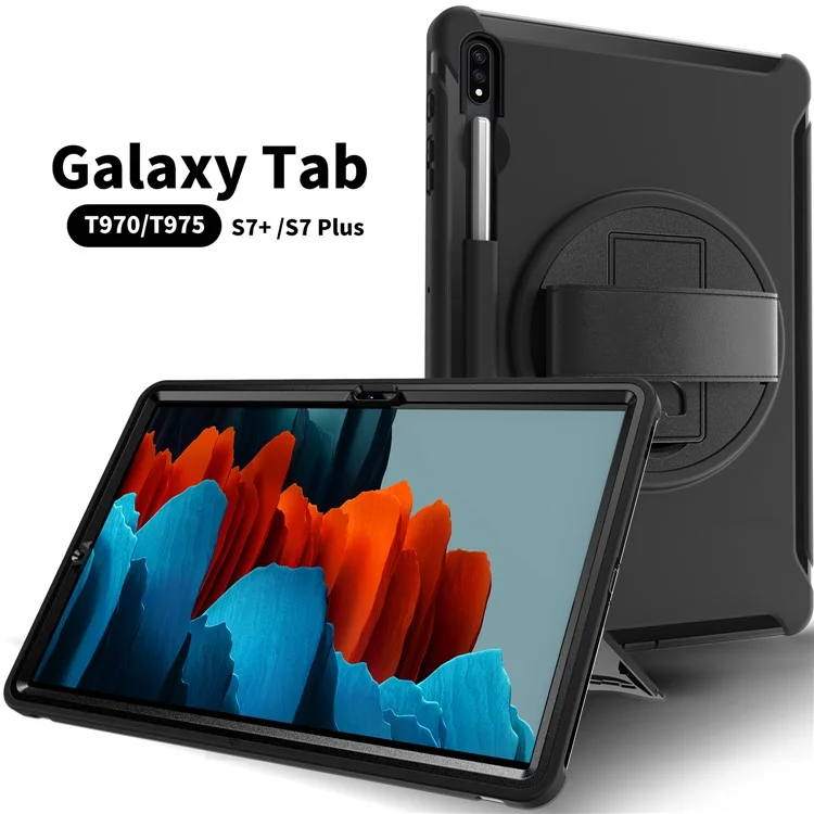 Para Samsung Galaxy Tab S7+ / S8+ Funda de tablet PC + TPU con soporte giratorio de 360° y ranura para lápiz y correa de mano - Negro
