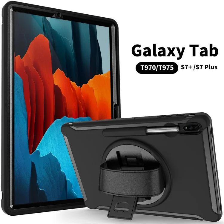Para Samsung Galaxy Tab S7+ / S8+ Funda de tablet PC + TPU con soporte giratorio de 360° y ranura para lápiz y correa de mano - Negro