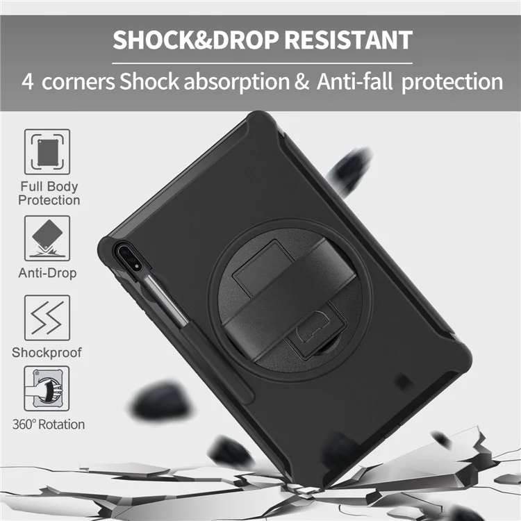 Para Samsung Galaxy Tab S7+ / S8+ Funda de tablet PC + TPU con soporte giratorio de 360° y ranura para lápiz y correa de mano - Negro