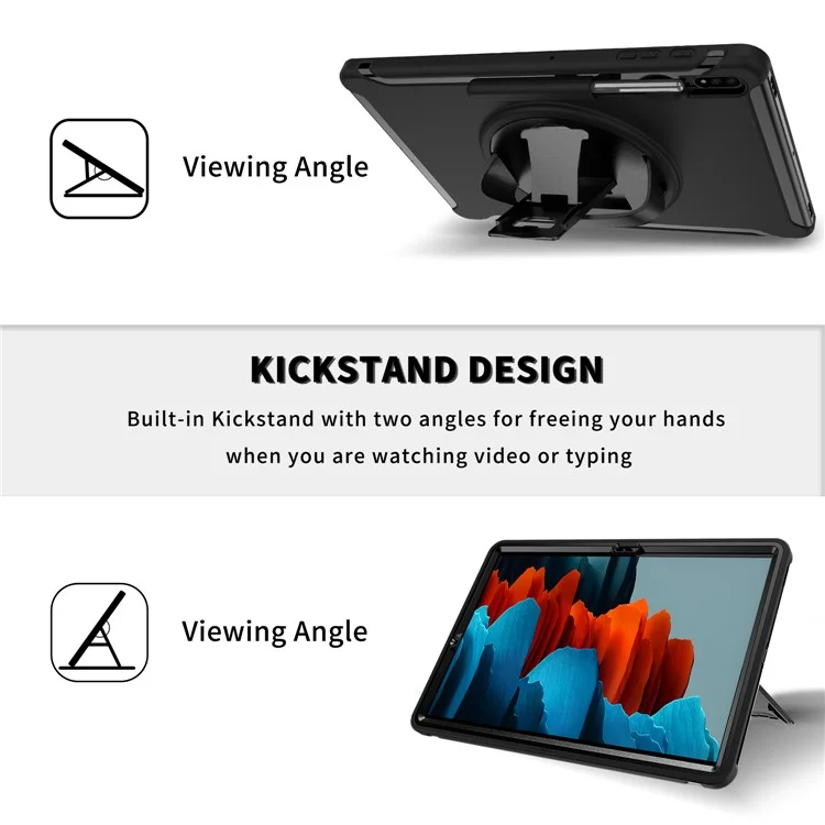 Para Samsung Galaxy Tab S7+ / S8+ Funda de tablet PC + TPU con soporte giratorio de 360° y ranura para lápiz y correa de mano - Negro