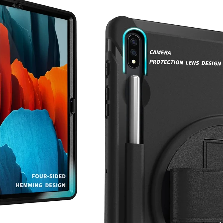Para Samsung Galaxy Tab S7+ / S8+ Funda de tablet PC + TPU con soporte giratorio de 360° y ranura para lápiz y correa de mano - Negro