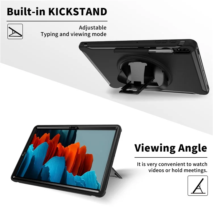 Para Samsung Galaxy Tab S7+ / S8+ Funda de tablet PC + TPU con soporte giratorio de 360° y ranura para lápiz y correa de mano - Negro