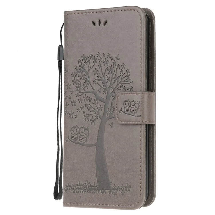 Imprint Tree Owl Wallet Leather Cover Stand Case for Samsung Galaxy S20 Lite/S20 Fan Edition - Grey