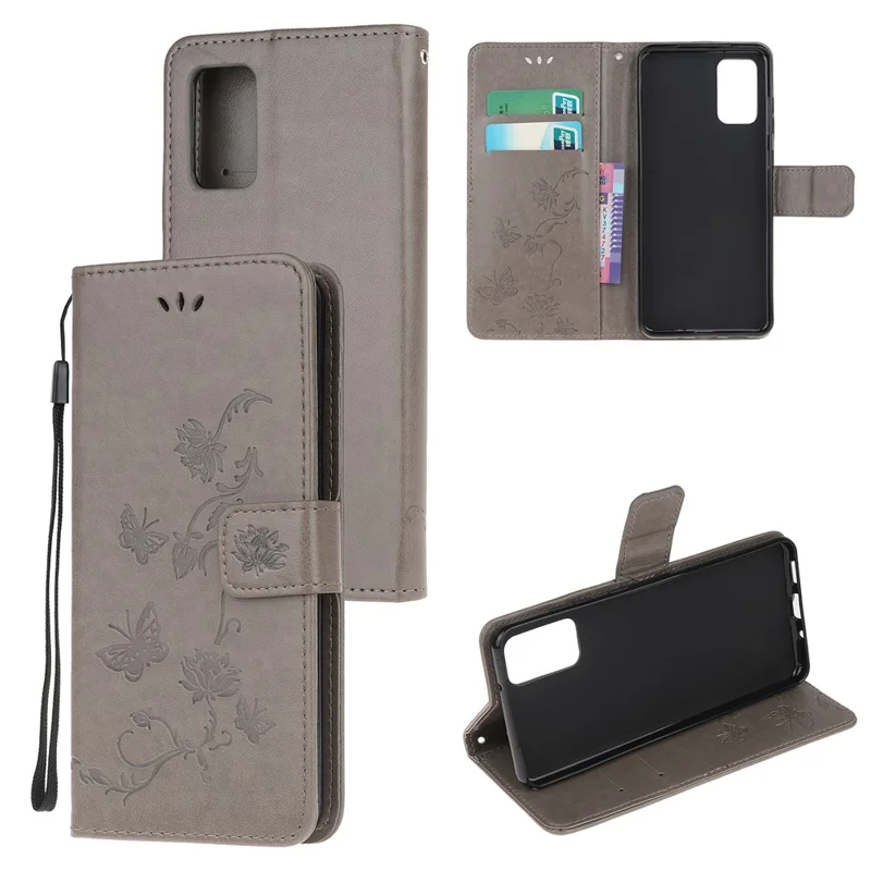 Imprint Butterfly Flowers Leather Shell Wallet Phone Case for Samsung Galaxy S20 Lite/S20 Fan Edition - Grey
