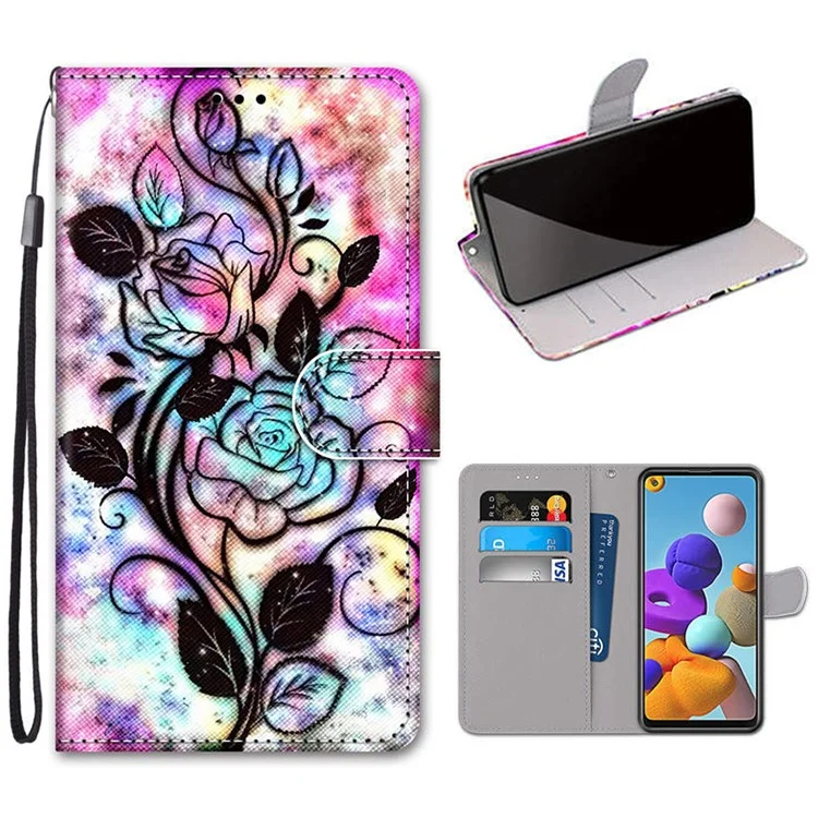 Muster Druckkreuzstextur Leder Brieftasche Telefonabdeckung Mit Riemen Für Samsung Galaxy A21s - Schöne Blume