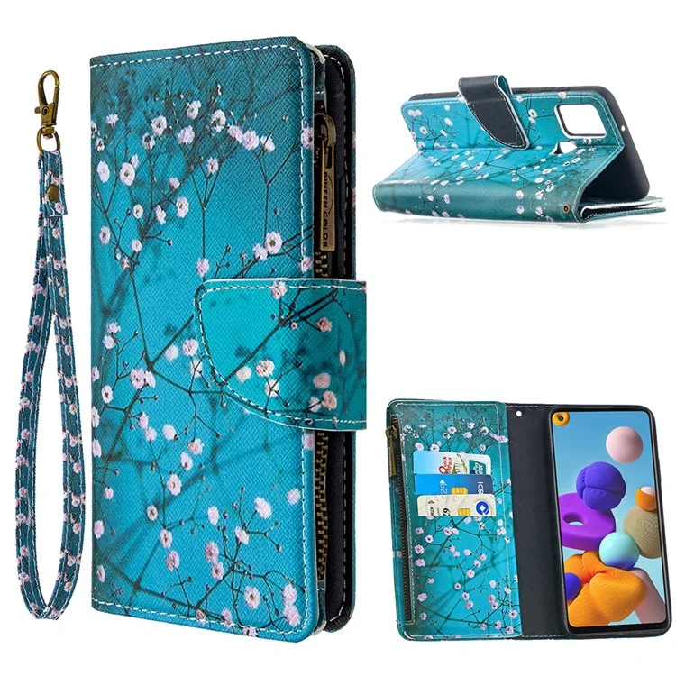 BF03 Padrão Impressão Zipper Carteira Capa De Telefone De Couro Para Samsung Galaxy A21s - Flor De Ameixa