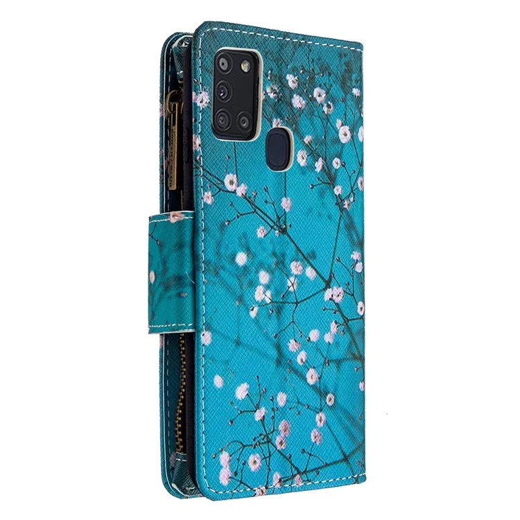 BF03 Padrão Impressão Zipper Carteira Capa De Telefone De Couro Para Samsung Galaxy A21s - Flor De Ameixa