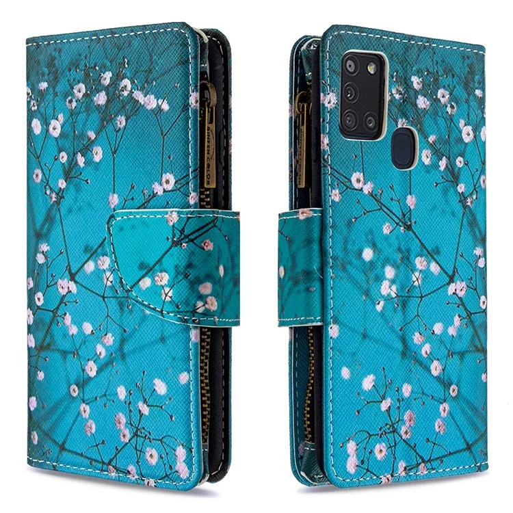 BF03 Padrão Impressão Zipper Carteira Capa De Telefone De Couro Para Samsung Galaxy A21s - Flor De Ameixa