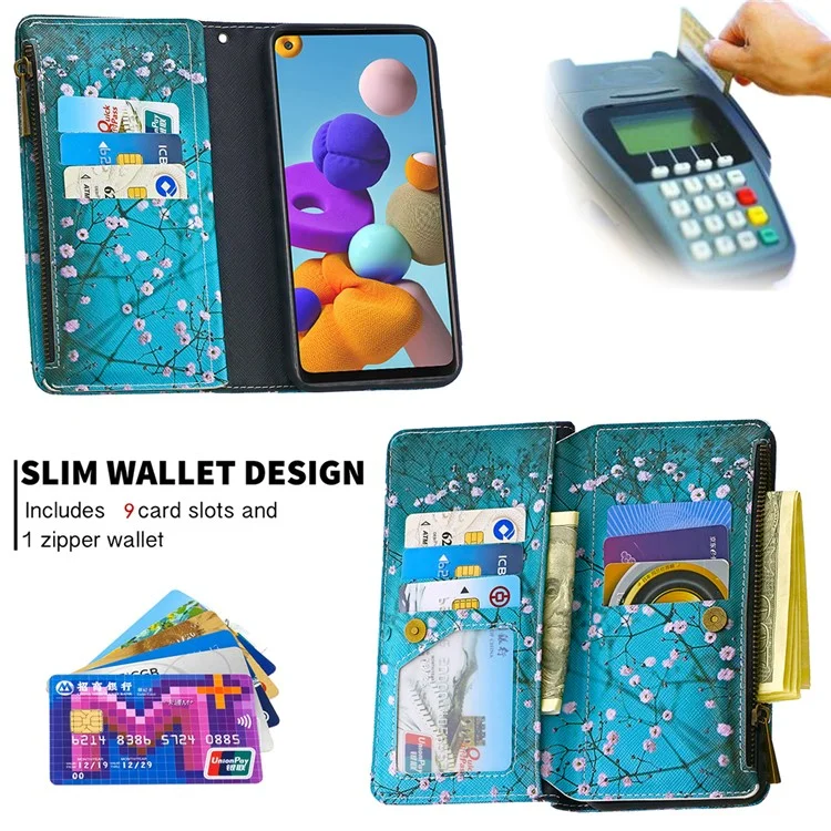 Coperchio Del Telefono Della Cerniera Della Cerniera Della Cerniera Della Stampa Del Modello BF03 Per Samsung Galaxy A21S - Plum Blossom.