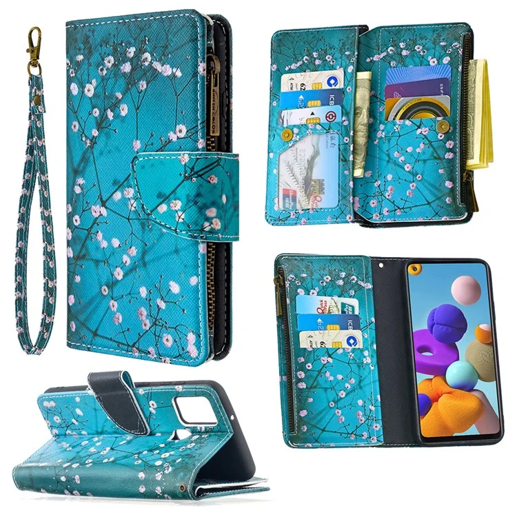 BF03 Padrão Impressão Zipper Carteira Capa De Telefone De Couro Para Samsung Galaxy A21s - Flor De Ameixa