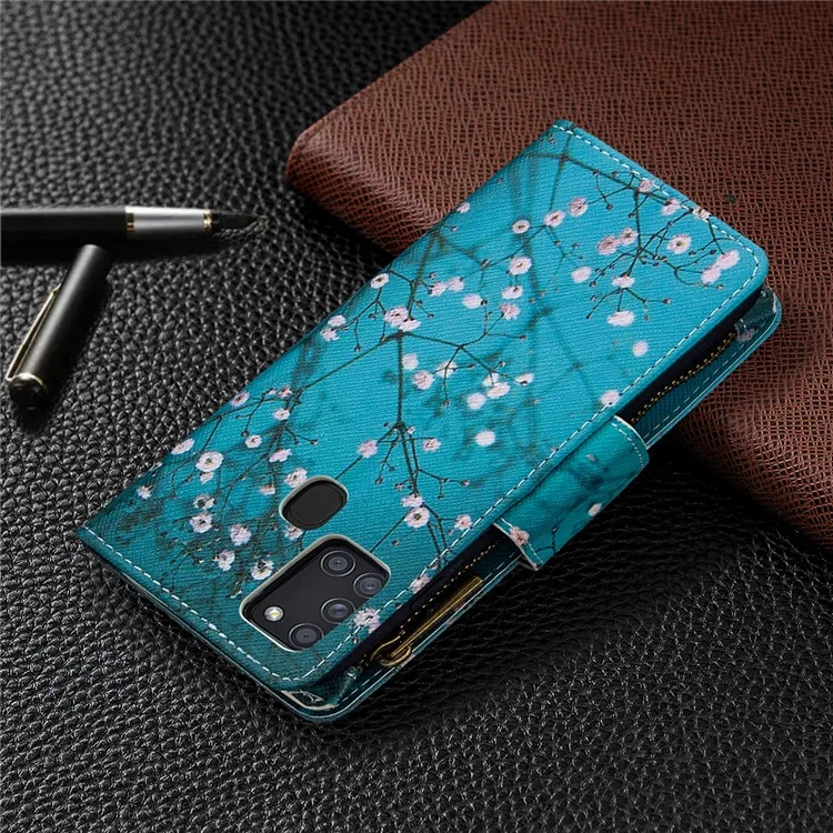 BF03 Padrão Impressão Zipper Carteira Capa De Telefone De Couro Para Samsung Galaxy A21s - Flor De Ameixa