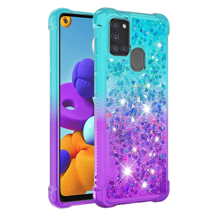 Shockproof Gradient Quicksand TPU Protector Case for Samsung Galaxy A21s - Cyan / Purple