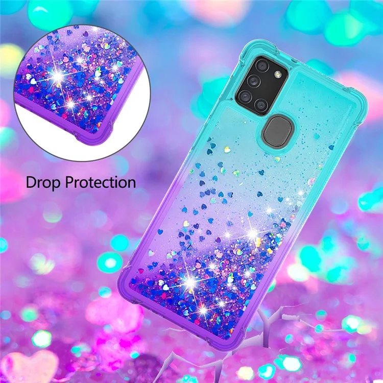 Shockproof Gradient Quicksand TPU Protector Case for Samsung Galaxy A21s - Cyan / Purple