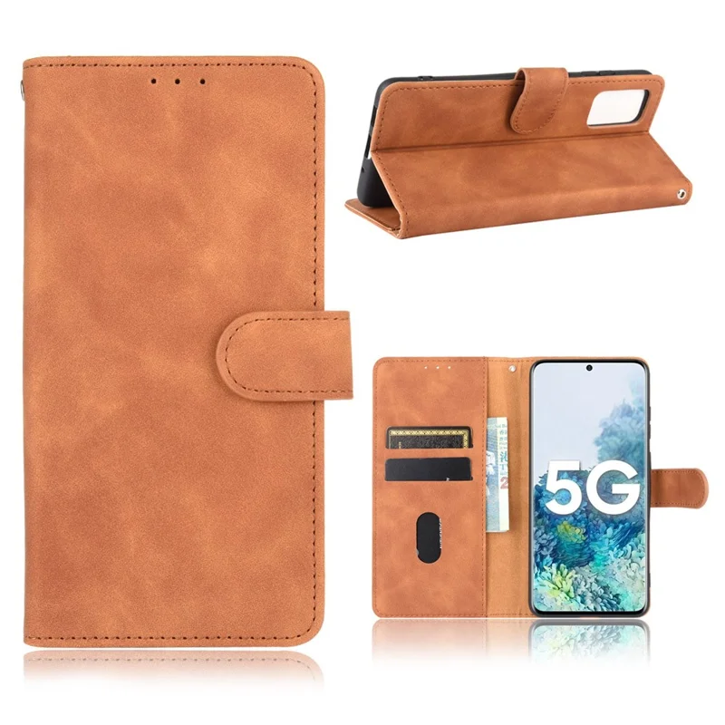Skin-touch Leather Protector Wallet Stand Flip Case for Samsung Galaxy S20 Lite/Fan Edition/FE 5G/4G - Brown