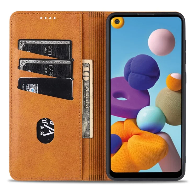 Carteira de Couro Absorvida Automaticamente AZNS para Samsung Galaxy A21s - Marrom